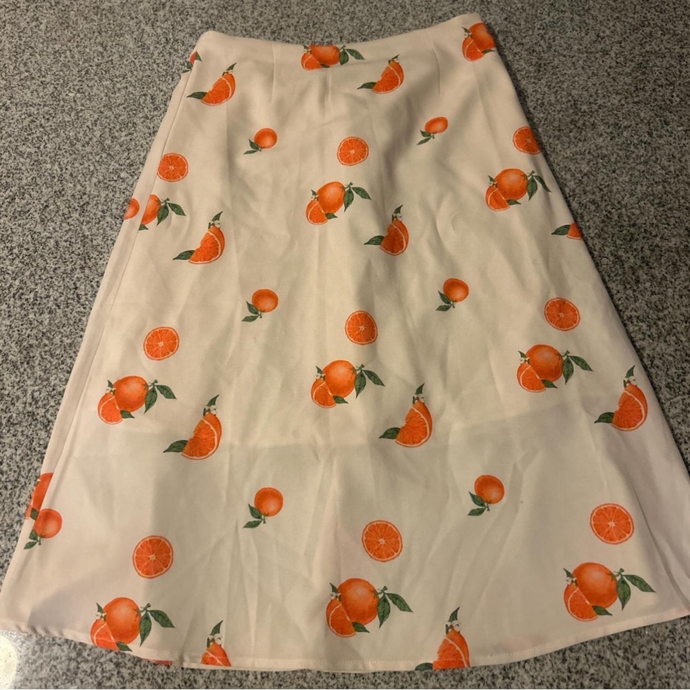 Orange Fruit Print Midi Skirt